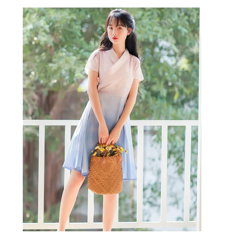 Pink Blue gradual change Print dress Retro Young girl student short sleeve dresses vestidos summer A-Line dress women