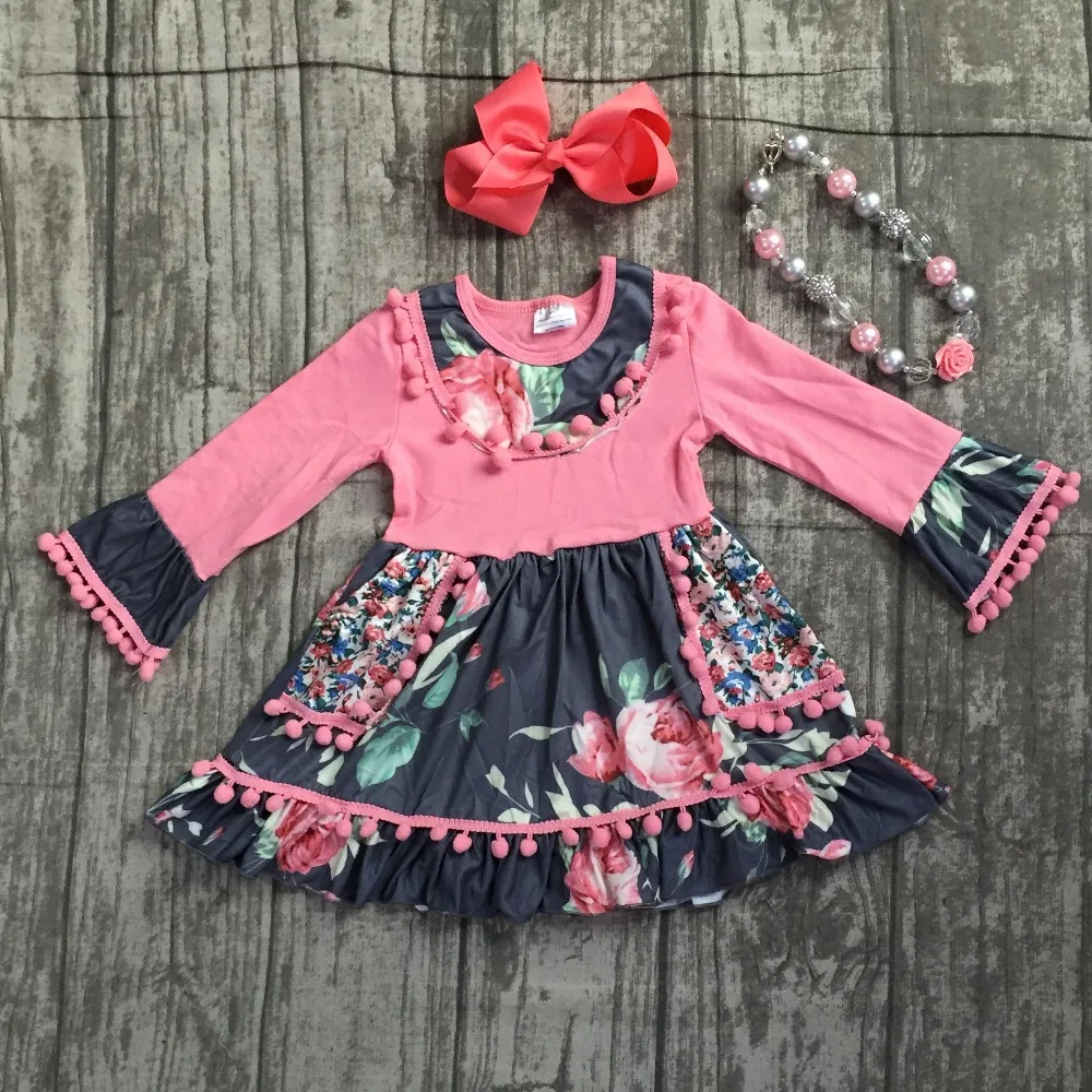 new 2018 autume Fall/winter girls ruffle boutique coral floral grey dress pom-pom children clothes milk silk match accessories new 2018 autume Fall/winter girls ruffle boutique coral floral grey dress pom-pom children clothes milk silk match accessories