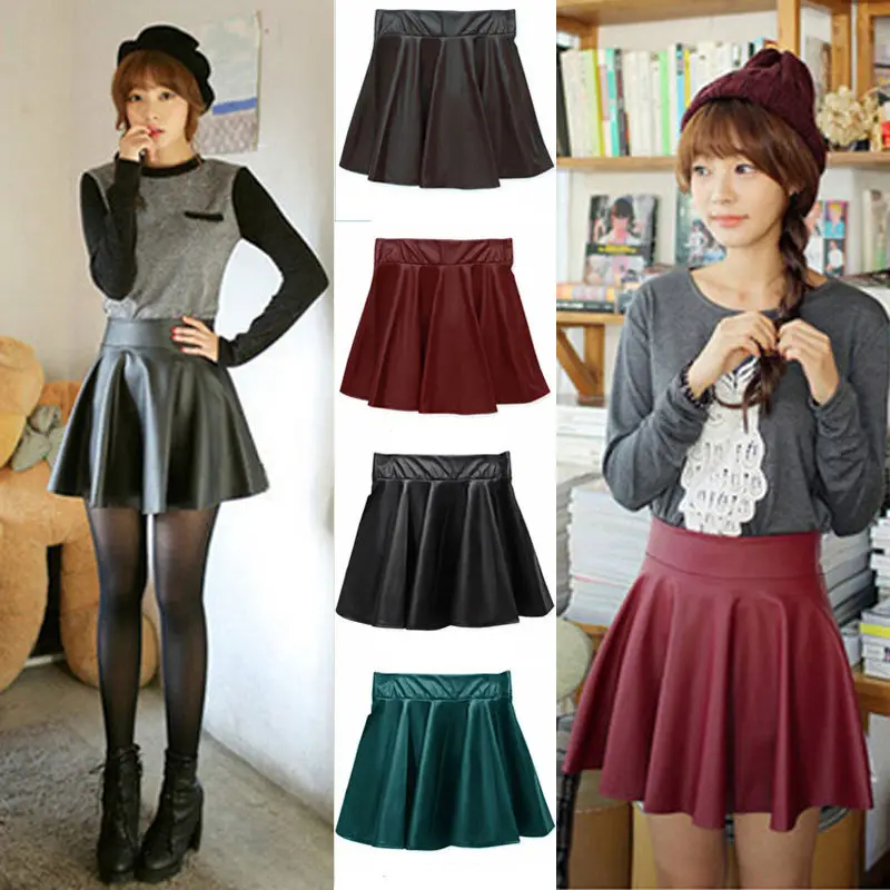 2018 New Women Faux Leather Vintage Skirts Elastic High Waist Skater Flared Pleated Stretch Mini Skirt