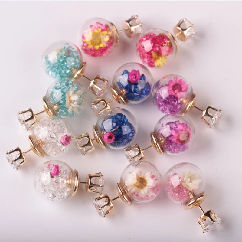 

1pair Fashion Round Glass Ball Rhinestone Dry Flower Stud Earring For Wedding Party Birthday Presents Women Jewelry