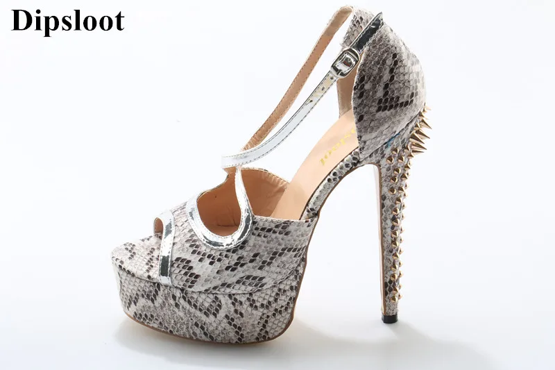 

Dipsloot 2018 Woman Sexy Snakeskin Thick Platform Gladiator Sandals Open Toe Rivets Deocrated High Heels Dress Shoes Woman
