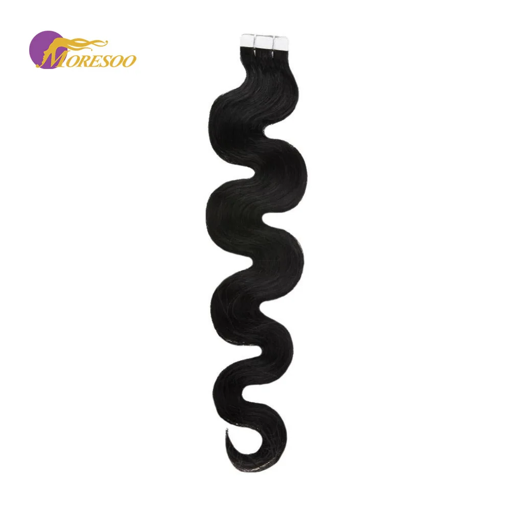 

Moresoo Tape in Hair Extension Machine Remy Human Hair Jet Black Color #1 Body Wave Seamless Skin Weft 20PCS 50G Hair Extensions