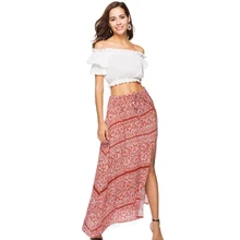 Летняя длинная юбка с высокой талией и рюшами в стиле бохо, Женская юбка макси на завязках, юбка с цветочным принтом, Пляжная шикарная Женская юбка