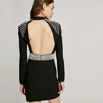 

2018 New Fashion Women Bandage Dress High Quality Black Long Sleeveless Elegant Beading Bodycon Party Dress Vestidos Wholesales