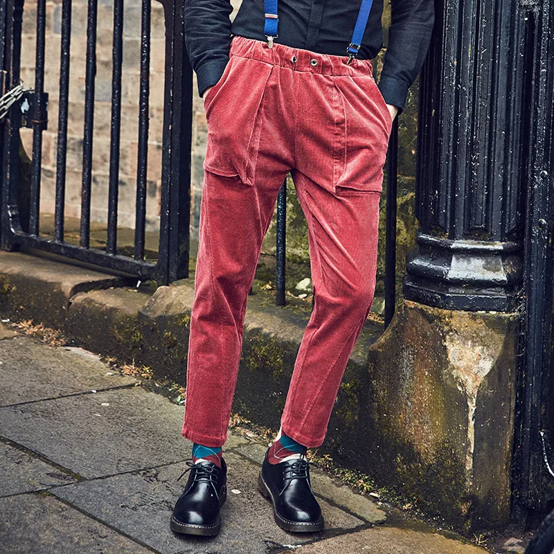94% хлопок высокое качество мужчины осень зима чистый красный средняя талия супер тонкие большие костюмы с карманами длинные брюки ретро повседневные мужские брюки