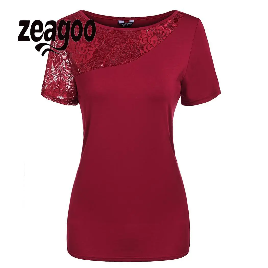 round neck patchwork lace plain short sleeve t shirts