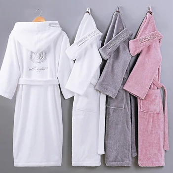 Winter Women Bathrobe Hooded Men Autumn Thick Warm Towel Fleece Sleepwear Long Robe Hotel Spa soft