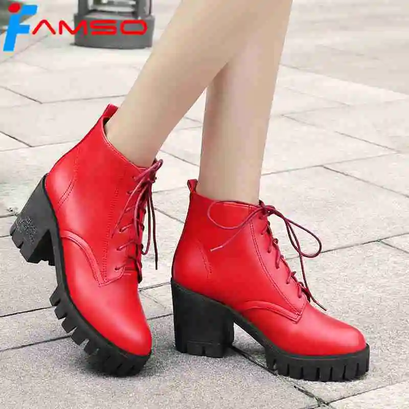 

FAMSO 2019 Big Size 35-43 New Fashion Black Red Autumn Martin Boots High Heels Platforms Winter Women's Waterproof Ankle Boots