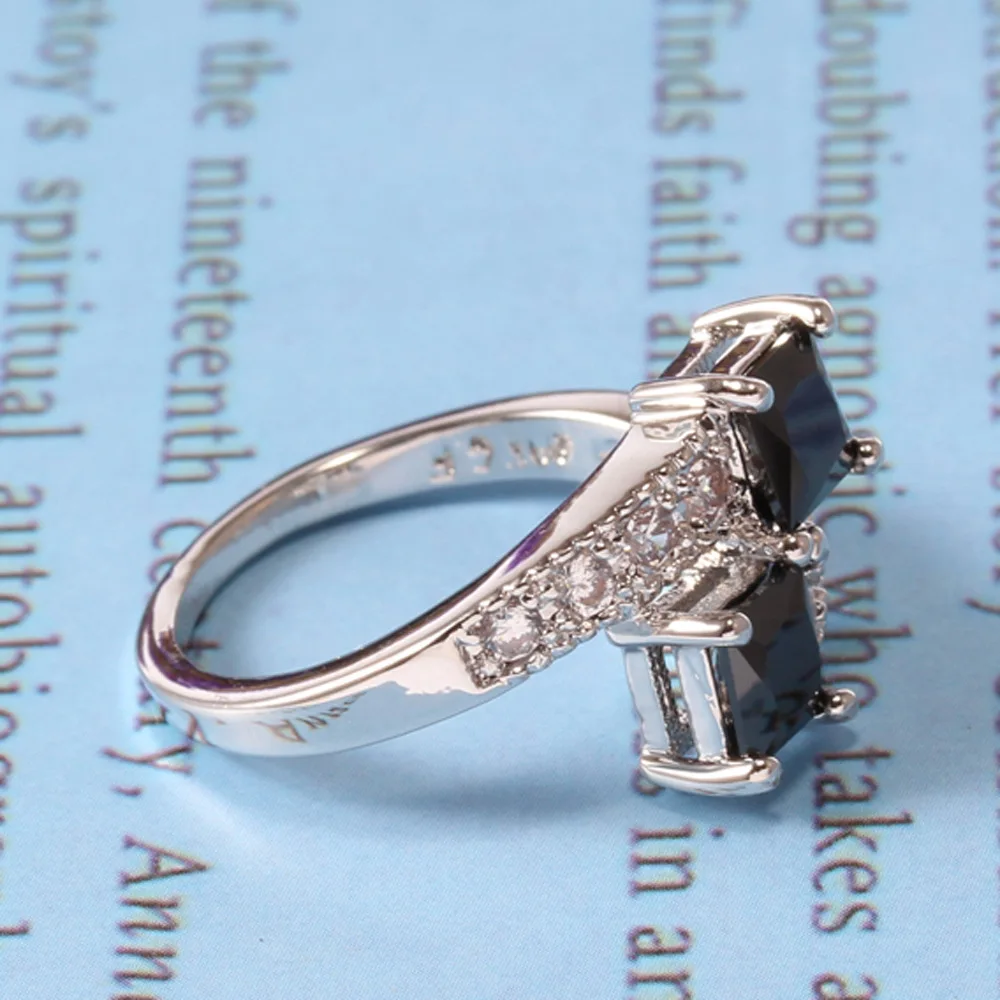 High Quality Silver Plated Two Black Square Zircon Stones Ring for Women Adjustable Engagement | Украшения и аксессуары
