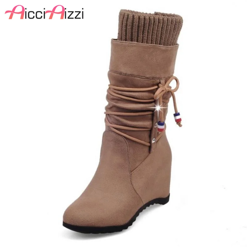

AicciAizzi Female Round Toe Wedge Half Short Boots Women Cross Strap Botines Mujer Woman High Heel Shoes Footwear Size 32-43