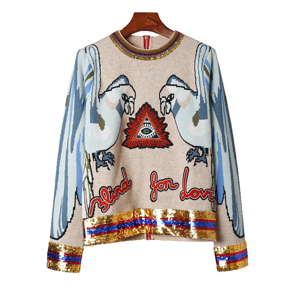 Boho knitted sweater pullovers 2017 new winter two birds embroidered long sleeve Back zipper Casual chic brand women sweaters | Женская