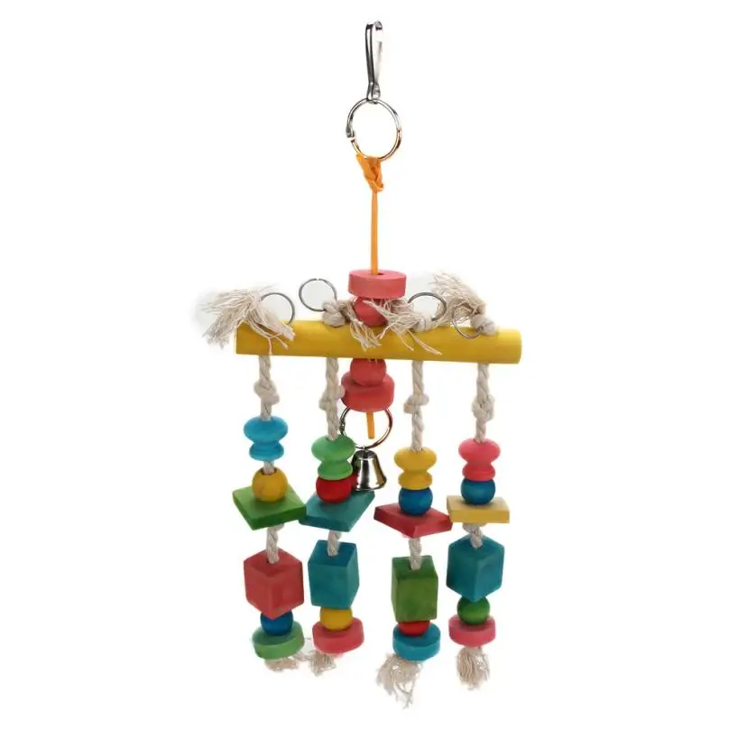 Parrot Pet Bird Toy Macaw Hanging Chew Toy Bells Wood Blocks Swing Colorful 2AU7in Bird Toys