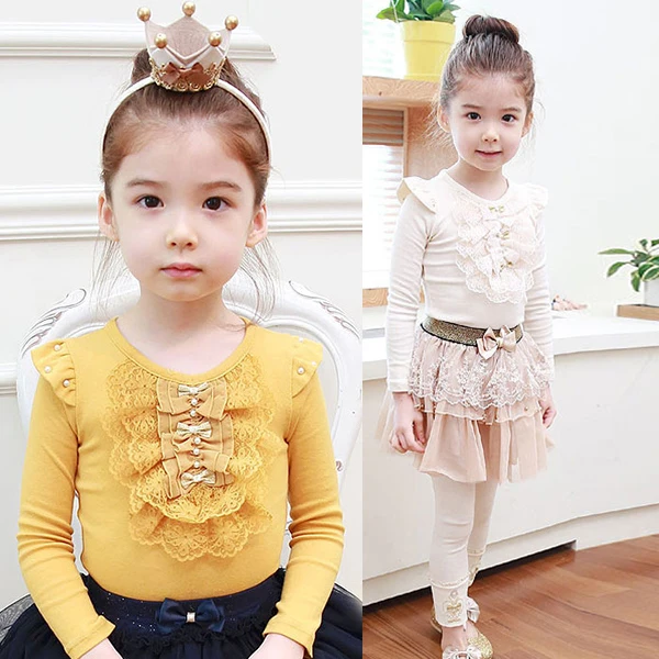 

1Pcs Kids Girls Long Sleeve T-shirt Soft Cotton Ruffled Lace Bowknot Tops 1-4 Y
