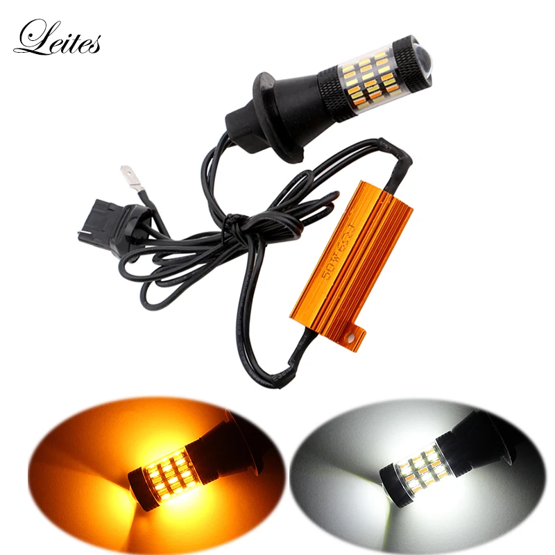 

2pcs Dual Color White/Amber BAU15S BA15S 1156 Canbus Free Error DRL 4014 60 SMD 3156 7440 Turn Signal Reverse Lights 12V