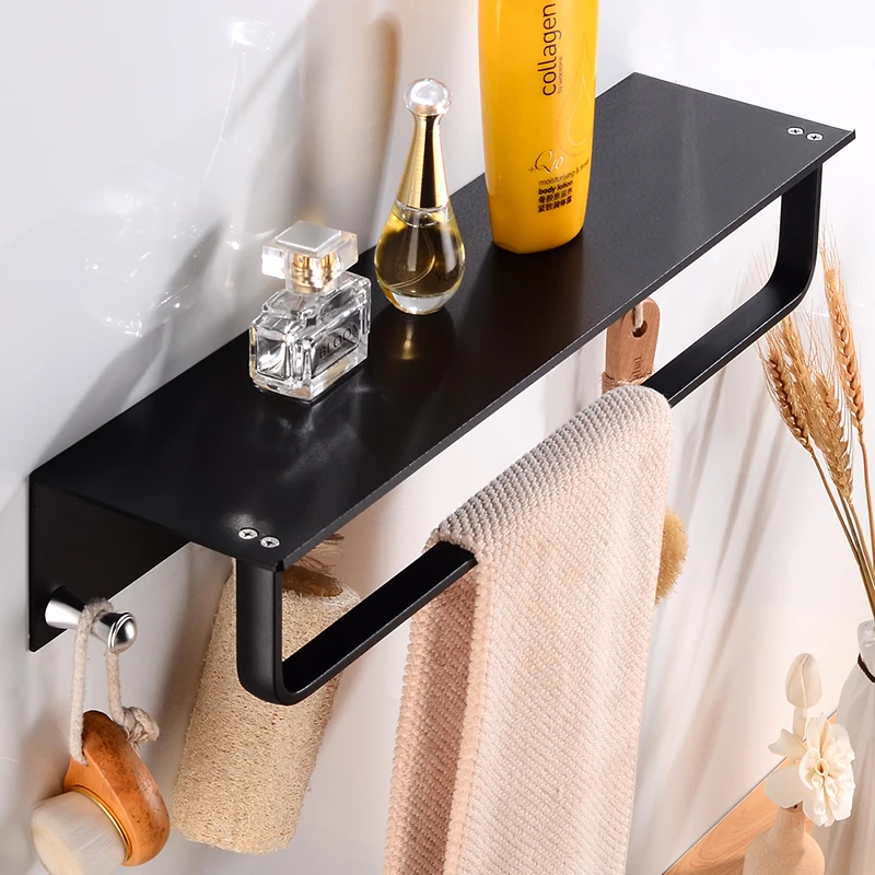 Bathroom Shelf Corner Aluminum Bathroom Shelves Shower Storage Rack with 5 Hooks Wall Mounted Single Towel Bar Holder Black