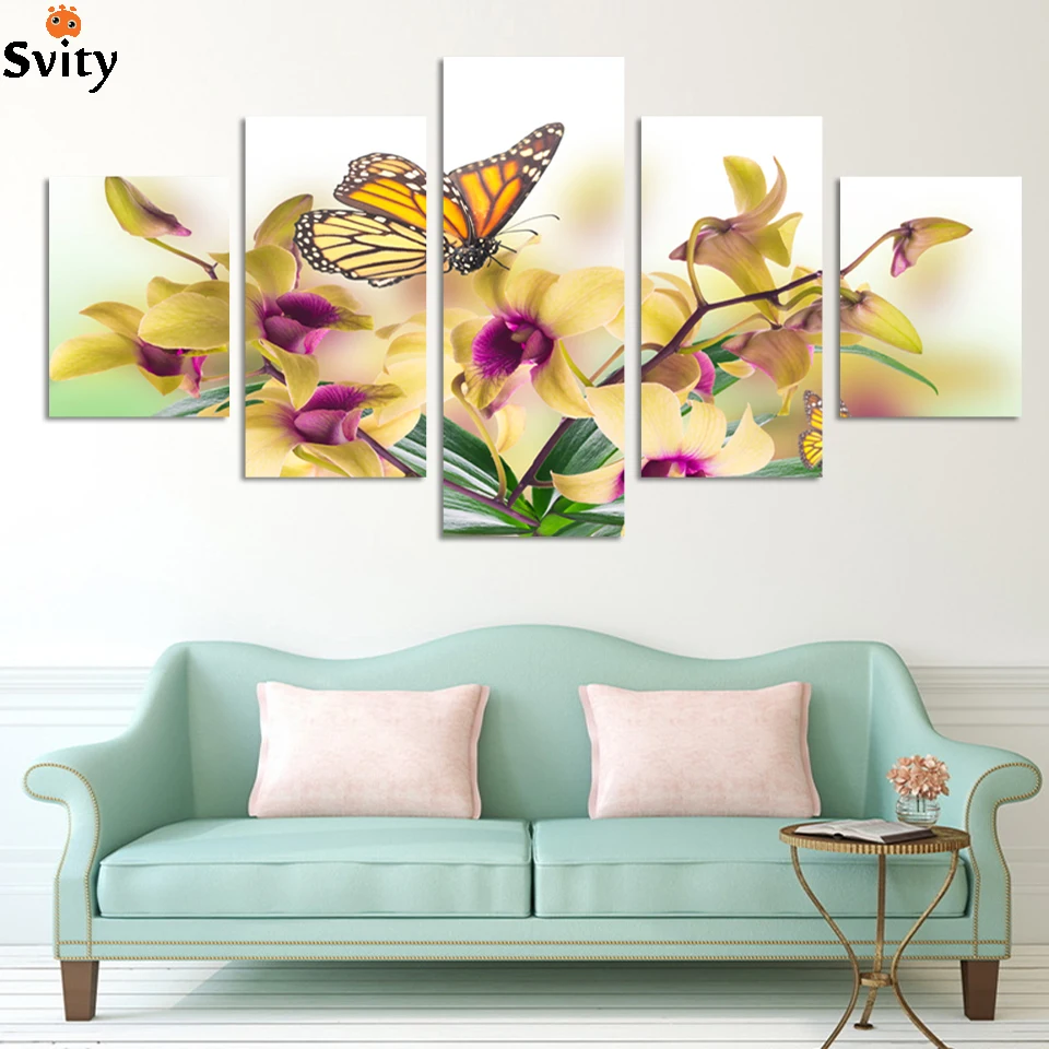 

Fashion 5 Panel Hot Sell Modern Wall Painting yellow flowers abstract Home Wall Art Picture Paint on Canvas Prints art orchid