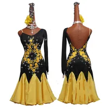 Женские костюмы для латинских танцев, черные желтые юбки с длинными рукавами, женские сценические профессиональные Костюмы для бальных танцев