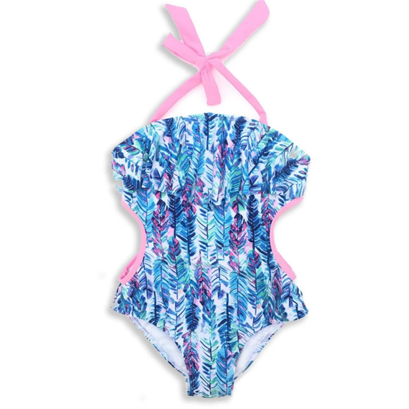 

New Model Kid Girls One Piece Swimsuit 2-8 Y Baby Girl Blue & Geometric print Swimwear Children Swimming Wear Swim Suit Bathing