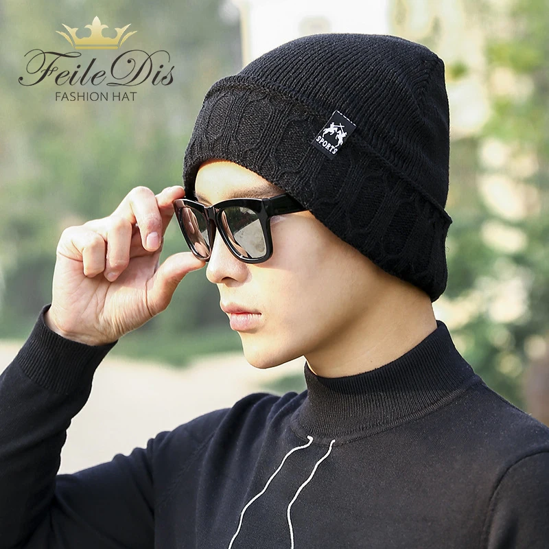 

[FEILEDIS]Men's winter hat 2017 fashion knitted black hats Fall Hat Thick and warm and Bonnet Skullies Beanie GLD-108
