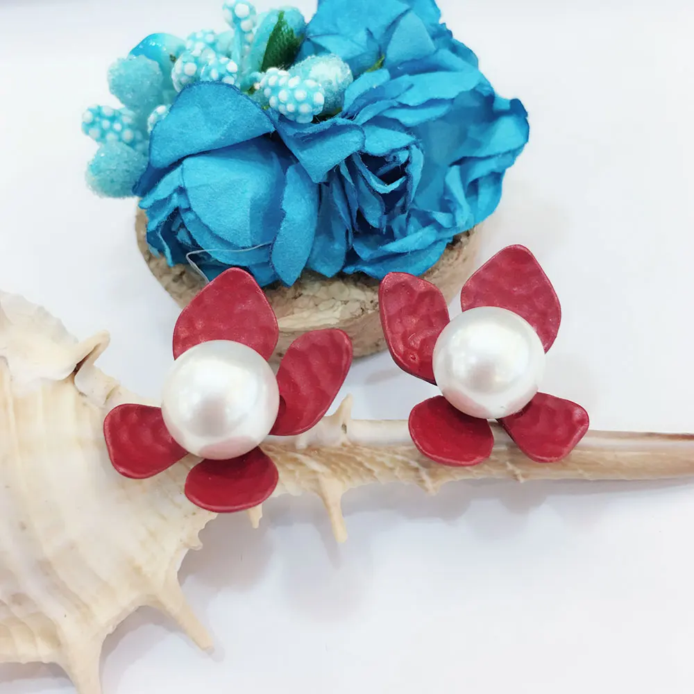 Viennois Dark Blue/Red Color Flower Stud Earrings For women Simulated Pearl Sweet Earrings