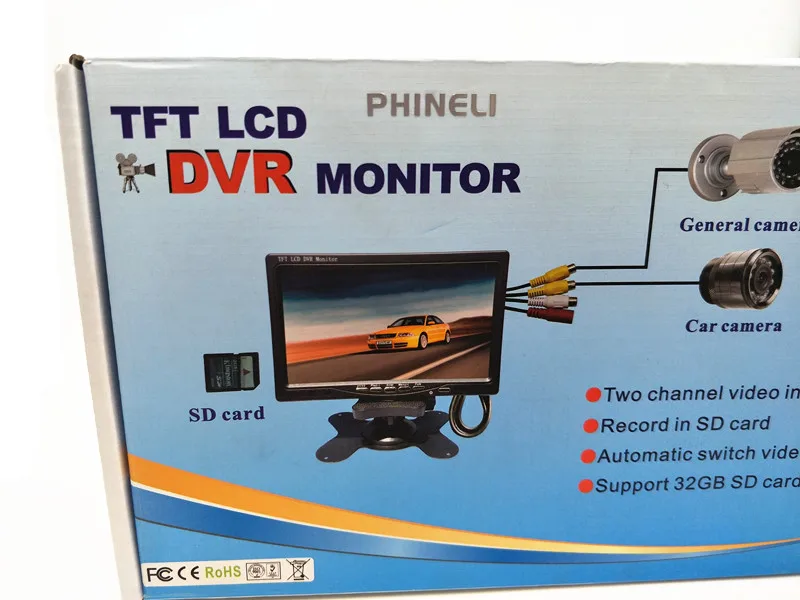 2 Channel 7inch TFT LCD DVR monitor record in SD card support 32GB SD card