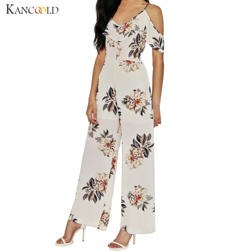 Sexy Women Jumpsuit White Floral Printed V Neck Strap