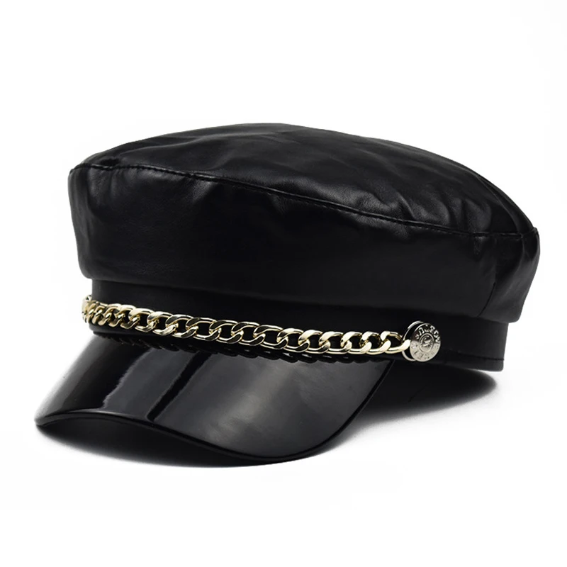 

New Bright Leather Yellow Military Hats PU winter PUNK Women BERET Cap Flat Top Hat Girls Boys Newsboy Cap Female Ladies hat