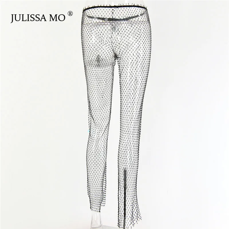 Julissa mo, женские сексуальные широкие брюки со стразами, прозрачные брюки в сеточку, зимние сетчатые пляжные вечерние штаны