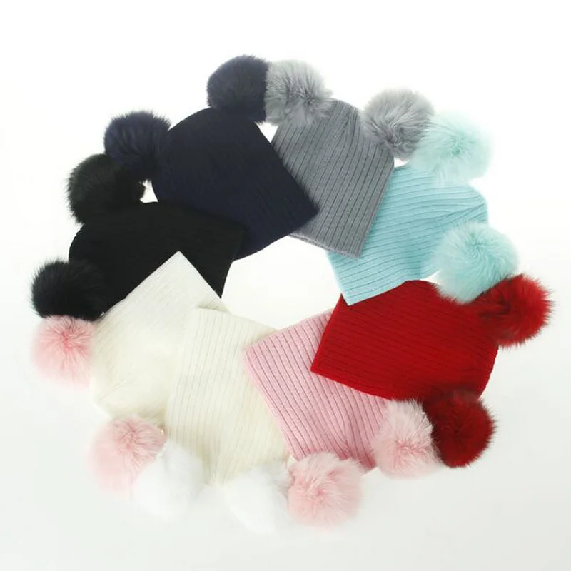 KLV Cute Girls Boys Beanie Cotton Winter Caps With 2 Real Fox Fur Pompom Kids Beanies Hat Knitted Baby Caps|winter cap|beanie hathat knitting |