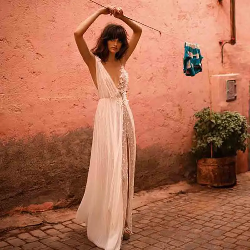 

LORIE Princess Wedding Dress V Neck Appliqued with Flowers A-Line Side Split Bride Dress Backless Boho Wedding Gown