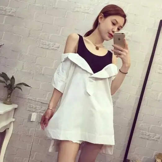 Summer Style 2015 Korean Fashion Off Shoulder Side Split Shirt Top Black White Patchwork vestido de festa D96 |