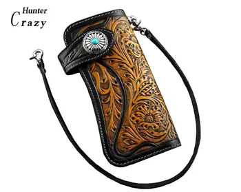 

New Mens Handmade Vintage Biker Punk Carved Long Leather Wallet with Chain C6