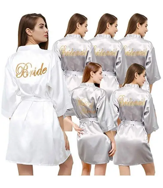 

silver robe with gold writing sister mother bride kimono robe bridesmaid white pink wedding satin robes bride S-XXL