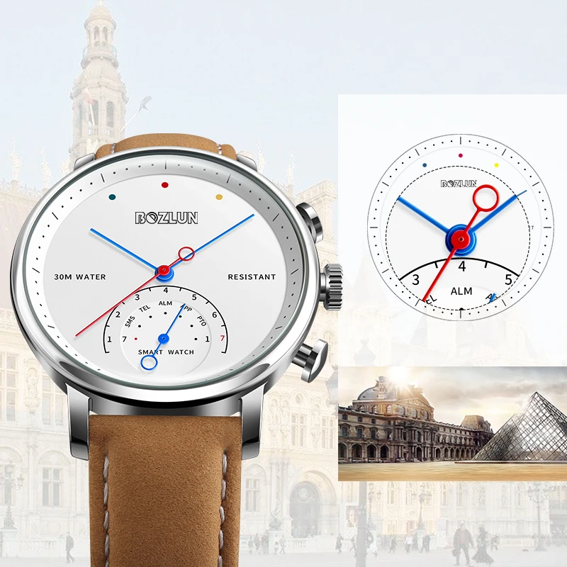 

Bozlun H8 Business Quartz Men Watch Waterproof Man Watches Leather Smart Watch Bluetooth Clock Message Call Reminder