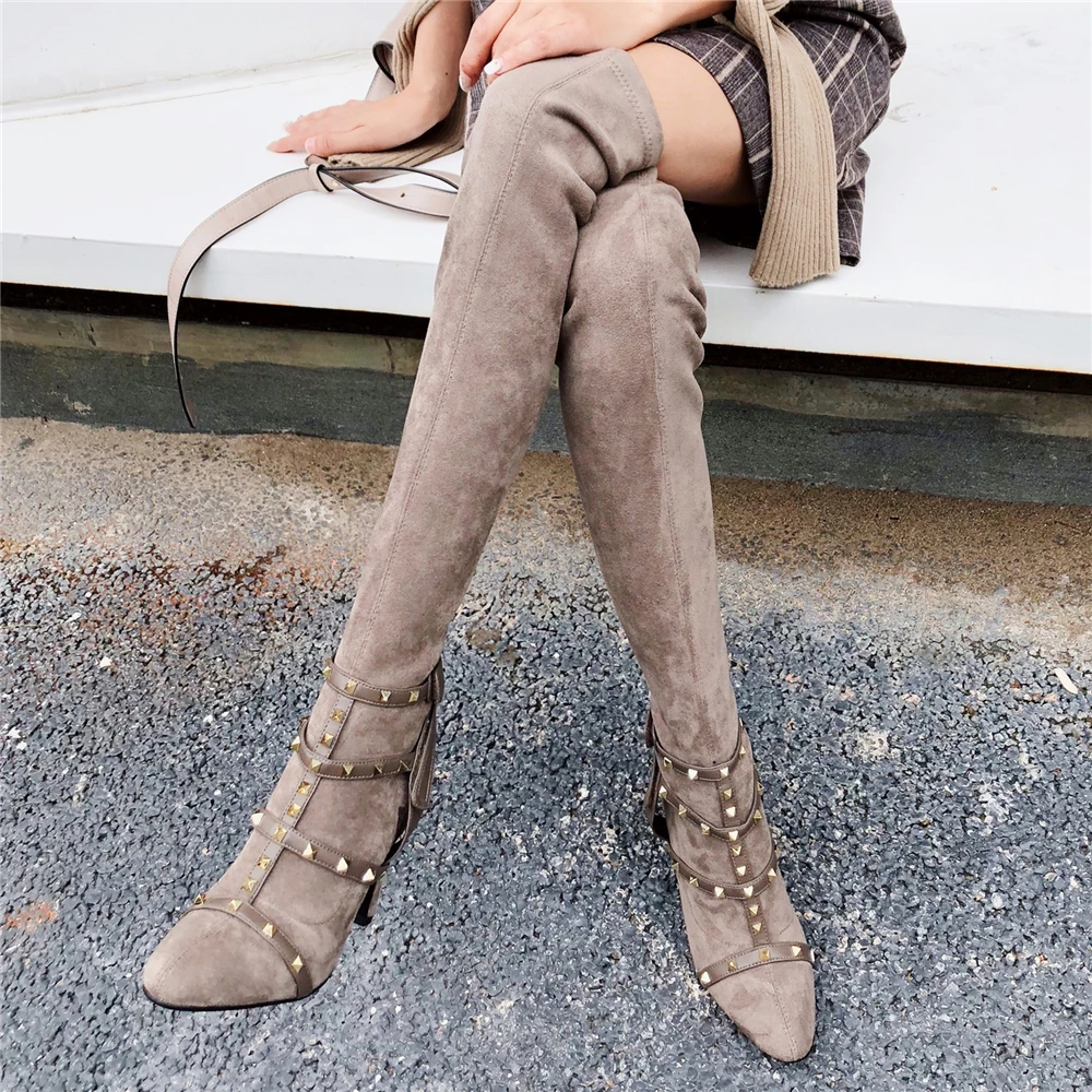 Mujeres Stylesowner Tan Moda Botas Mujer Rodilla Remaches Marca Para De Correa Largas Por Diseño Highheel Encima Rebaño light Spike Negro Femenina Elástico La BT6rqBvw
