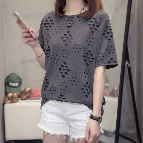 

New large size round neck solid color hole ageing T-shirt