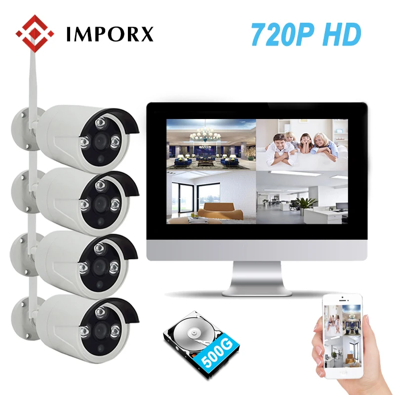 

IMPORX 4CH 720P Wireless NVR Kit 13" LCD Monitor Screen P2P Wifi CCTV System 1.0MP IP Camera Outdoor Security Surveillance Kit