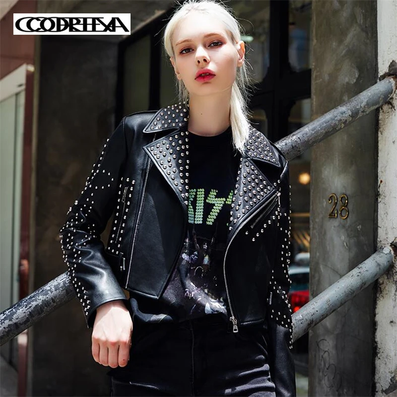 

2019 Europe Autumn Women Black Slim Cool Lady PU Leather Jackets Punk Rock Female short Outwear Femme Rivet locomotive Coat