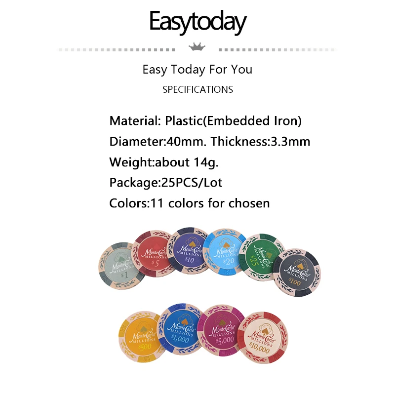 Easytoday 25 шт./компл. Профессиональные фишки для покера 14 г глиняные монеты баккара