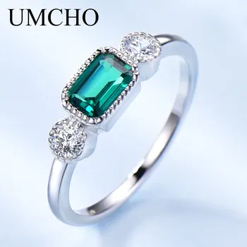 

UMCHO Solid Real 925 Sterling Silver Rings Created Nano Emerald Birthstone Rings Engagement Gifts For Female Fine Jewelry