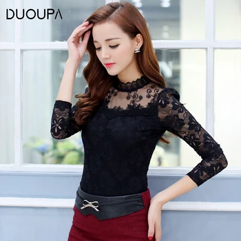

Duoupa 2019 Women Blouses Spring Autumn Fashion Sexy Slim Shirt Tops Lace Long Sleeve O-Neck Leisure Black/White S-5XL