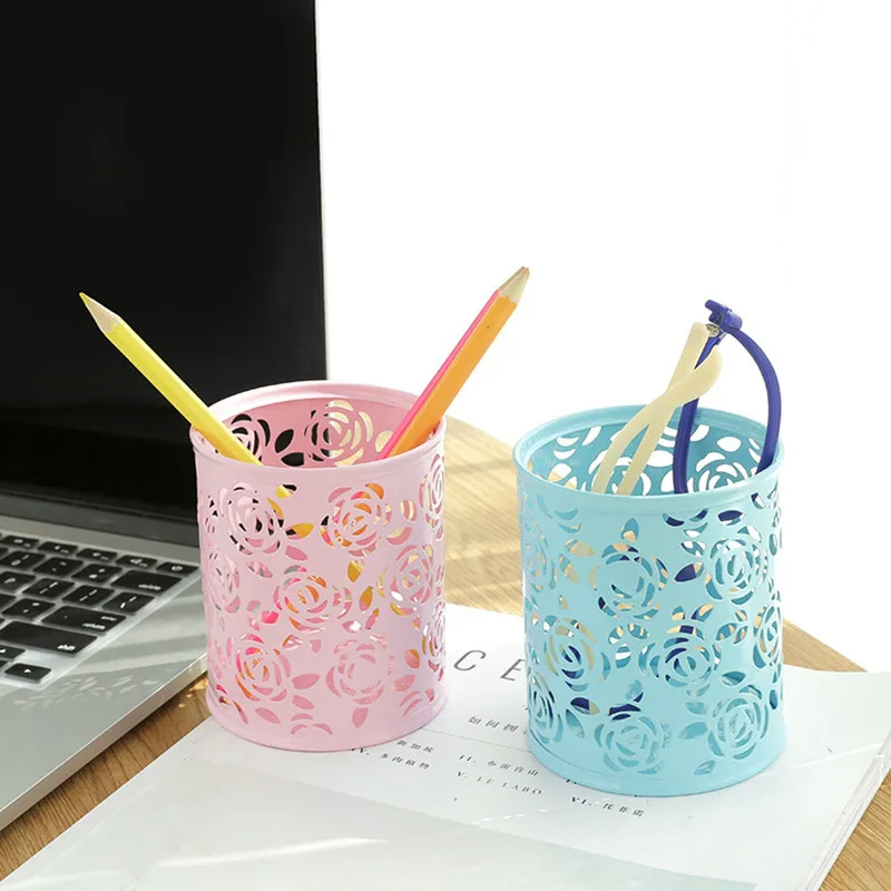 

Hollow Metal Rose Flower Design Makeup Brushes Storage Bottle Fashion Cosmetics Make Up Pen Pencil Organizer Cup Desk Holder