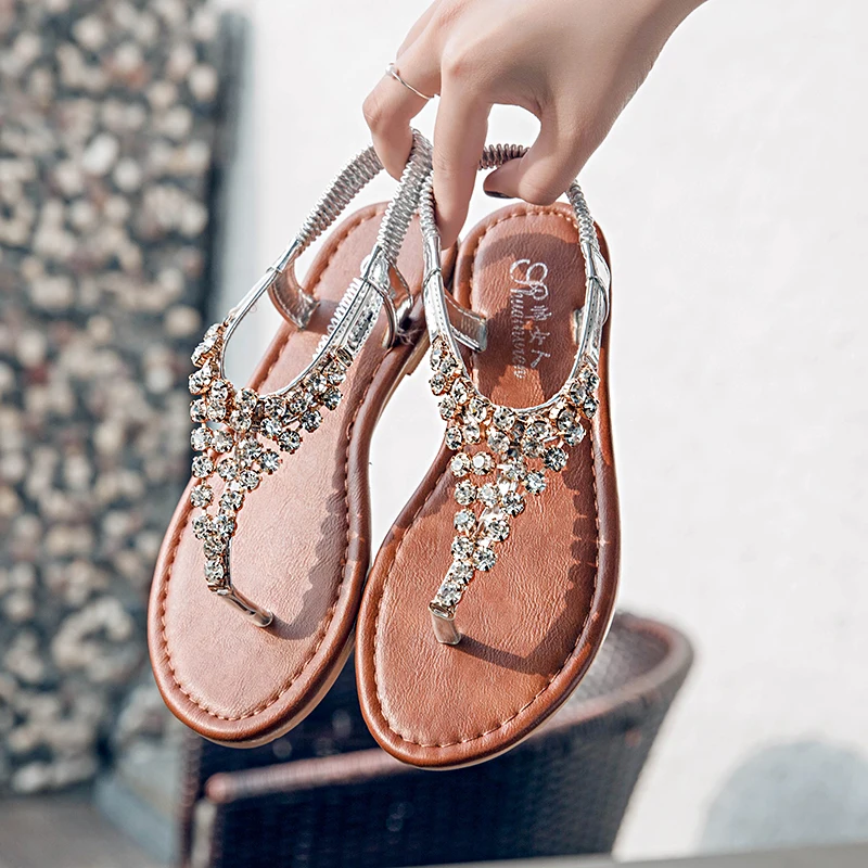 

Moxxy Fashion Leather Women Sandals Bohemian Diamond Slippers Woman Flats Flip Flops Shoes Summer Beach Sandals flip flops