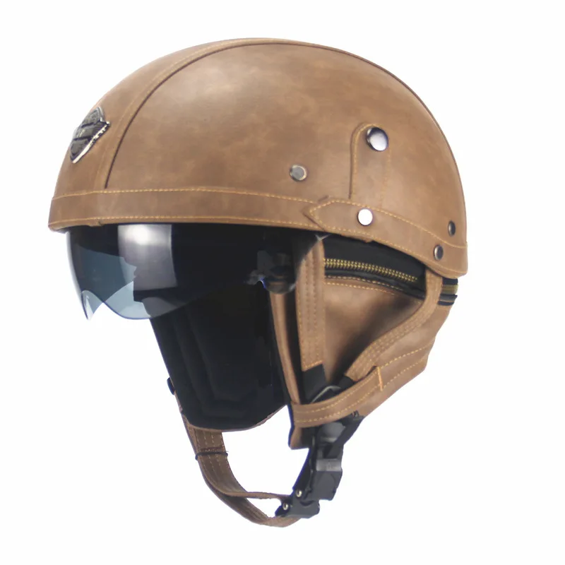 

Motorcycle Motorbike Half PU Leather Retro Motorcycle Motocross Helmet Visor with Collar Open Face Half Motor with dual lens