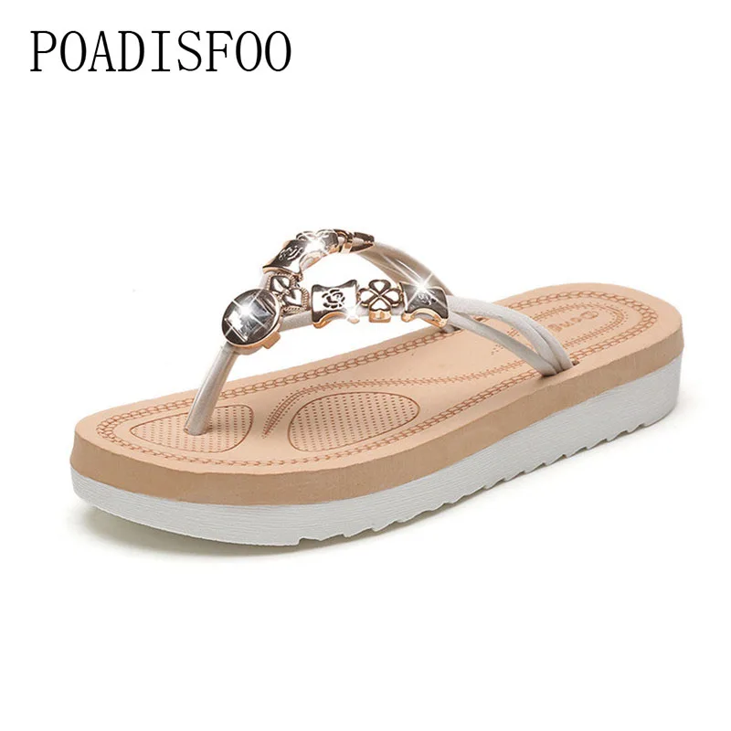 

POADISFOO Sweet style beaded platform sandals 2017 Lightweight and comfortable flat slippers casual shoes.HYKL-8767