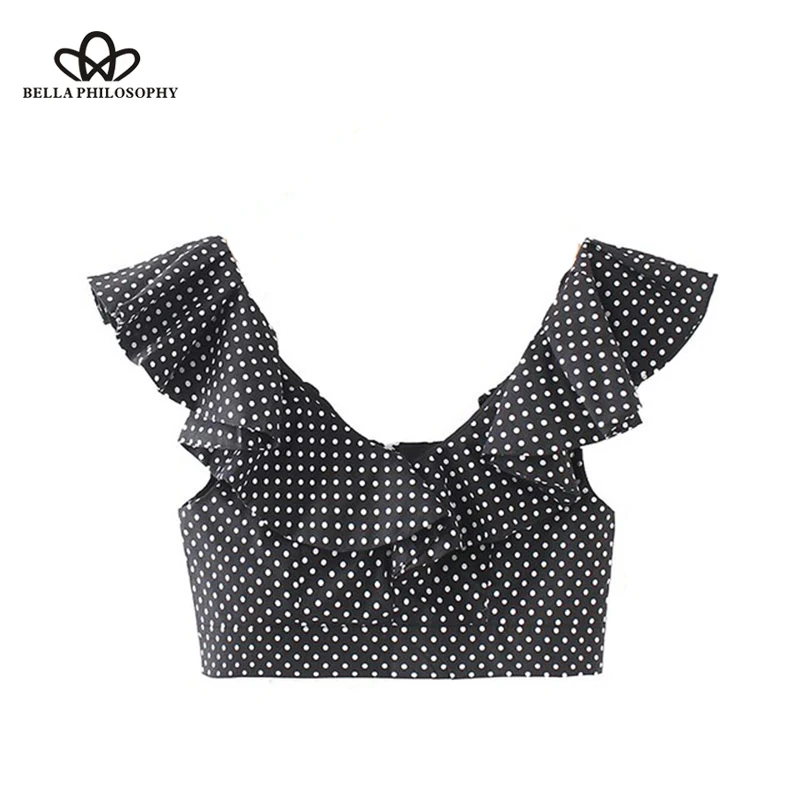 Bella Philosophy women sweet ruffles dot pattern crop top V neck sleeveless short style blouse female summer cute shirts blusas | Женская