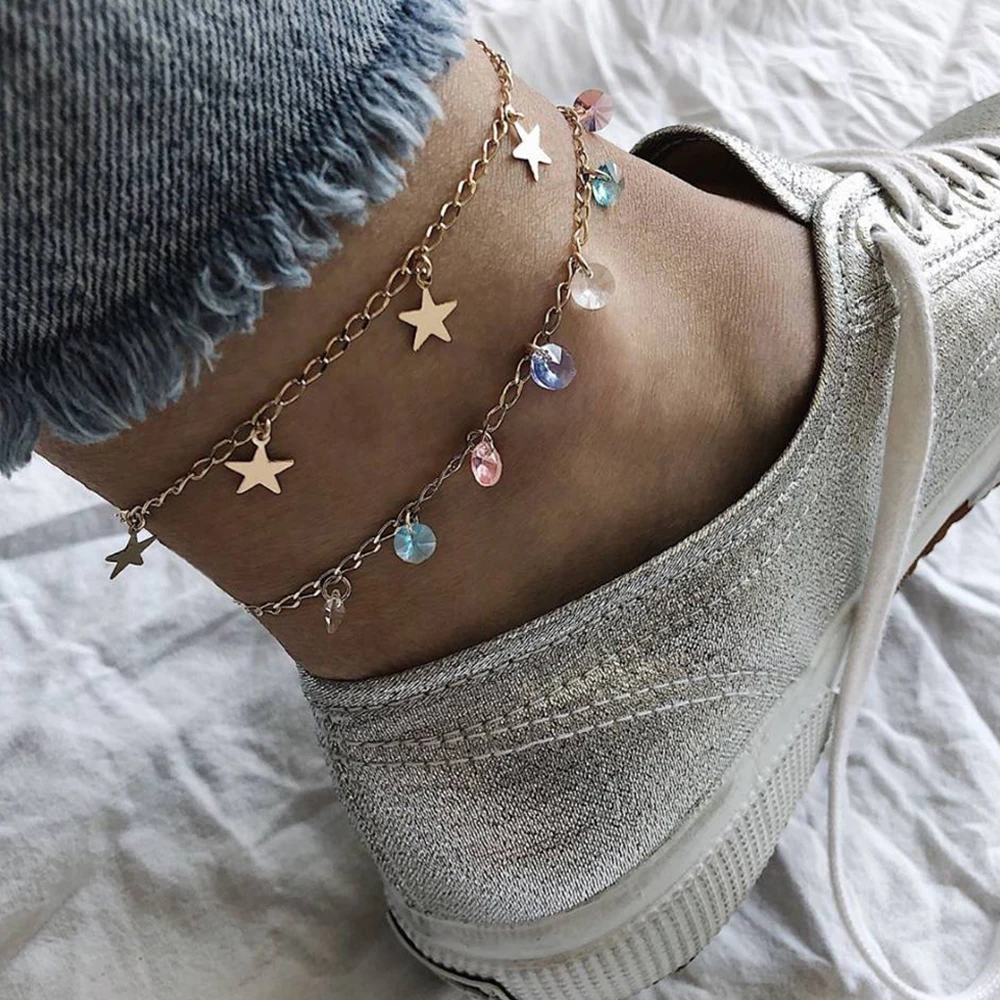 

Bohemian Fashion Anklets Crystal Pendant Star Gold Chain Double Layer Anklet Charm Party Wedding Jewelry Accessories