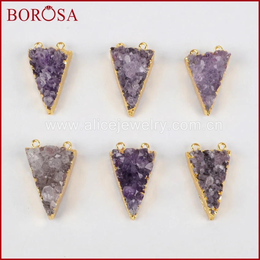 

BOROSA 1piece Amethysts Druzy Triangle Connector,Fashion Gold Color Drusy Pendant Crystal Quartz for Necklace G1259