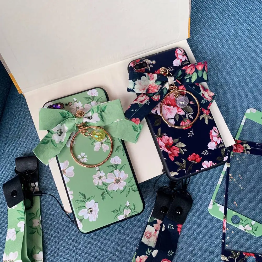 KISSCASE Flower Print Phone Cases For iphone 7 8 Plus X XR XS MAX Film Bow Ring Rope Cover 6 6S Capa Funda |