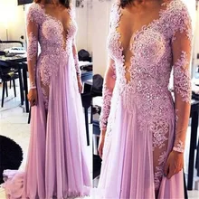 Schöne Licht Lila Chiffon Abendkleid mit Long Sleeve Sexy Seitenschlitz Applique Prom Night Kleider